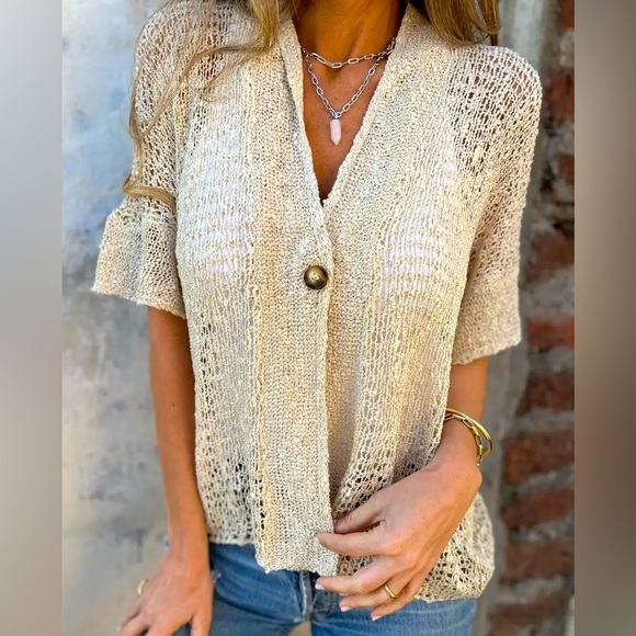 Tops - Boho Single Button Open Knot Short Sleeve Sweater